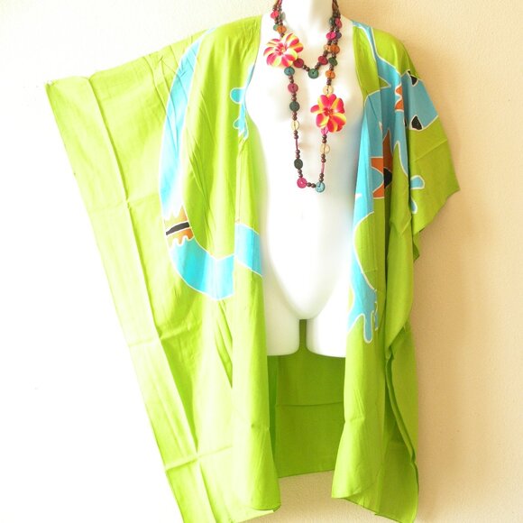 CM58 Gecko Batik Plus 38" Open Hand Painted Cover Up Midi Cardigan fit up to 5X - Picture 1 of 2